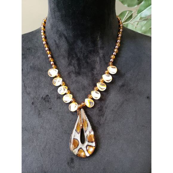 Vintage Amber Glass Bead Necklace with Teardrop Pendant and Gold Accents - Picture 1 of 6